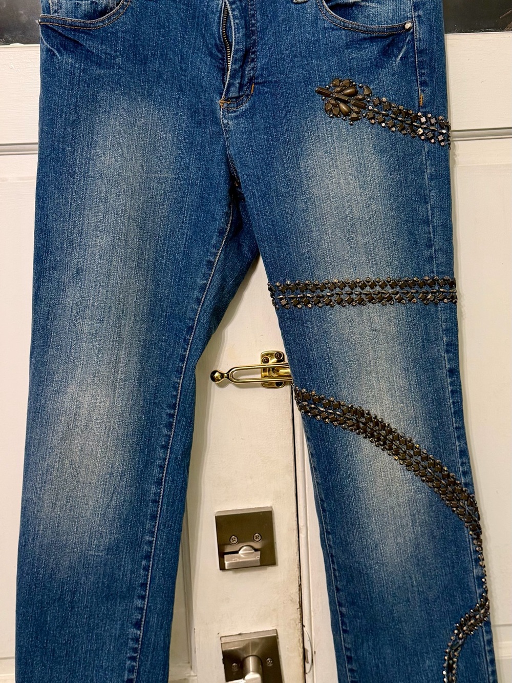 Cristina Straight-Leg Blue Jeans with Black Beaded Trim
